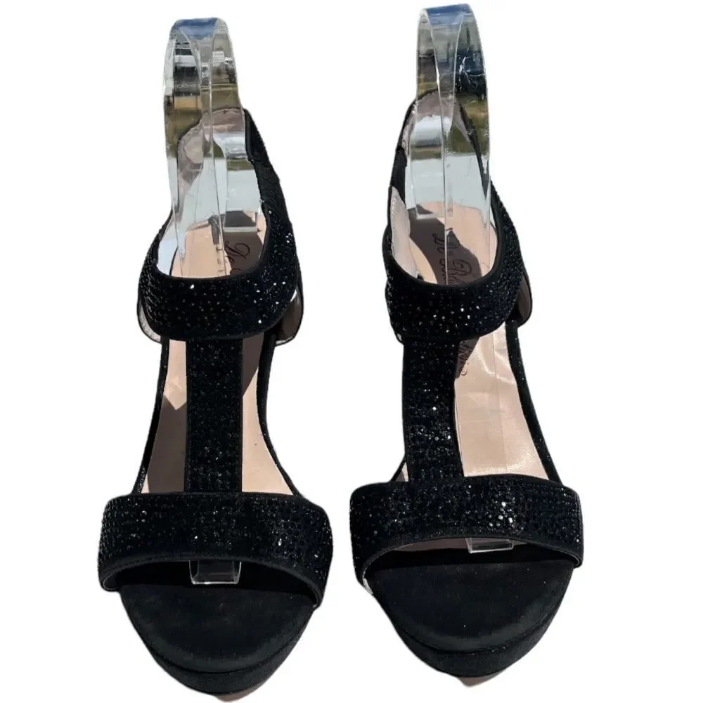 De Blossom Collection Black Embellished Metallic Glitter Strappy Heels